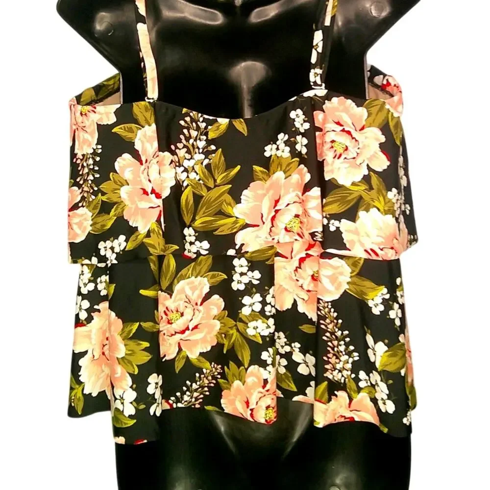 Kona Sol Black Floral Ruffled Swim Tankini Top Built in Padding Women's XL - Picture 2 of 6